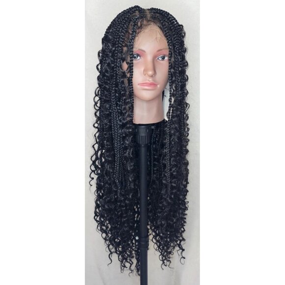 32" Knotless Braid Human Synthetic Blend Wig Boho Curly Ends Baby Hair HD Lace - Picture 1 of 9